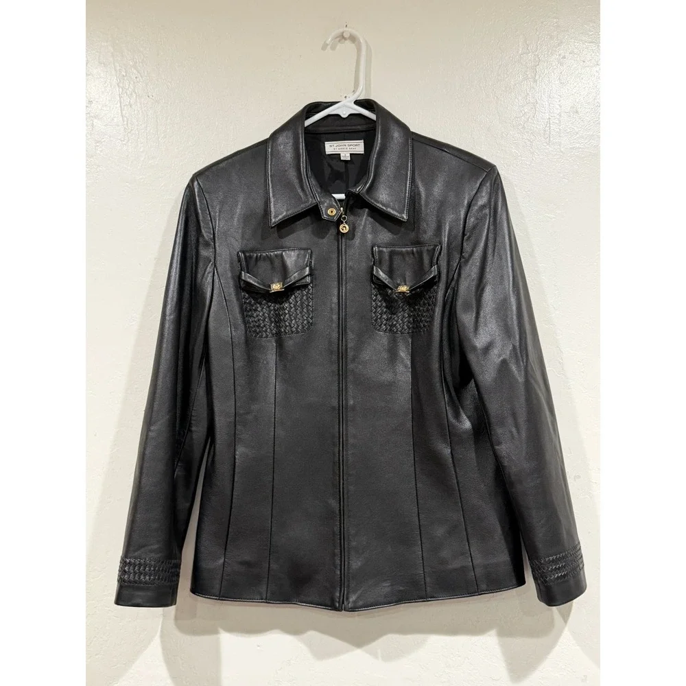St John Sport Marie Gray Black Leather Jacket Woven Trim Gold Hardware Small